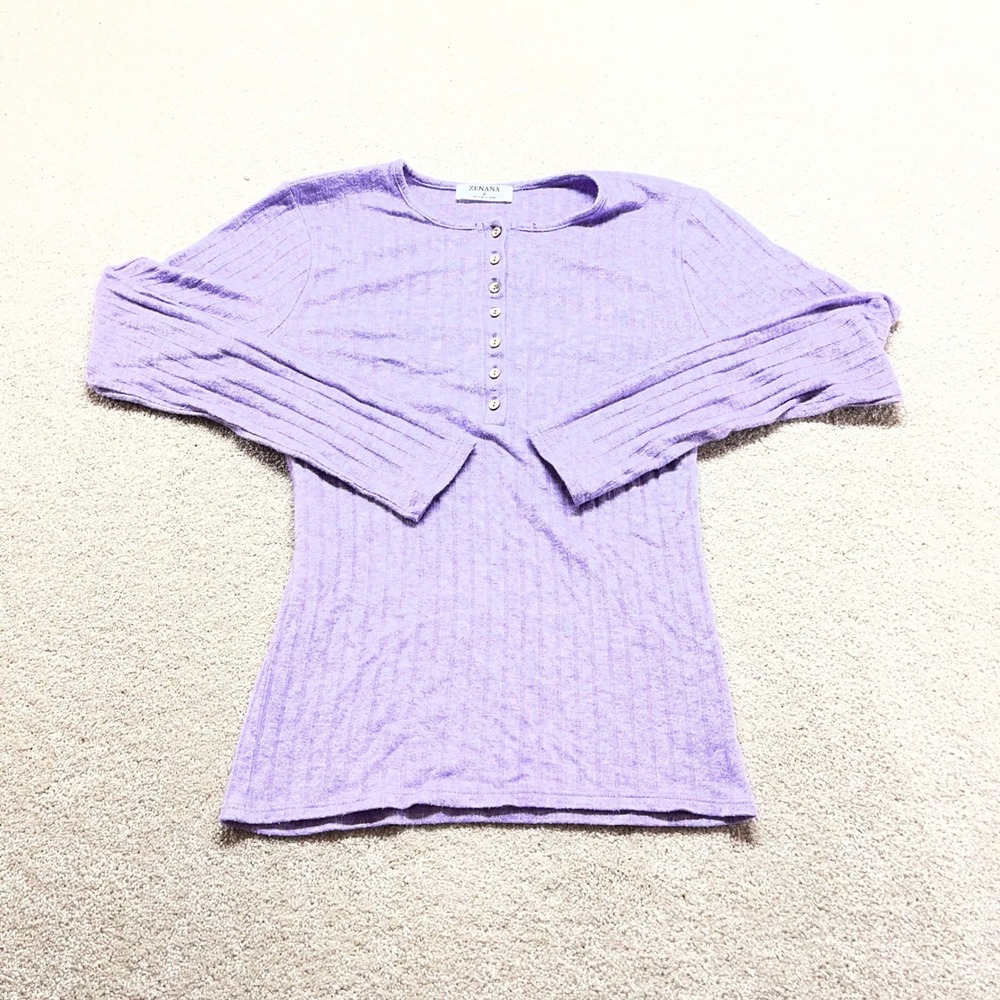 Zenana Henley Top Womens Small Purple Ribbed Long Sleeve Button